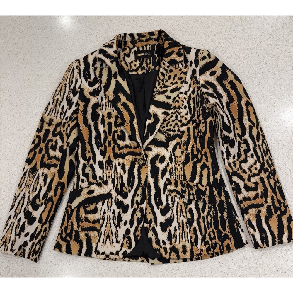 NovaLuxe Women’s Jalina Blazer Jacket Animal Print Size Large Deep V-neck